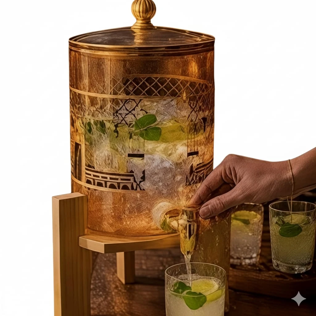 كولر زجاج مع ستاند خشب غولد